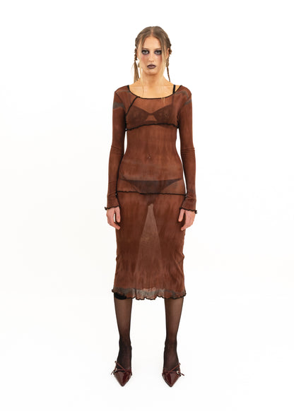 Tie dye asymmetric panelled mesh midi dress