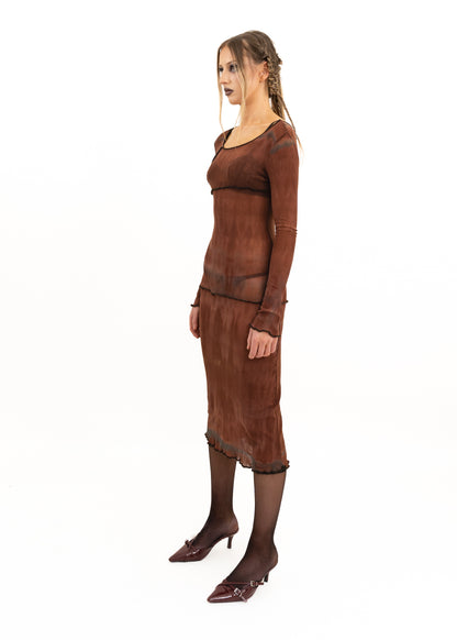 Tie dye asymmetric panelled mesh midi dress