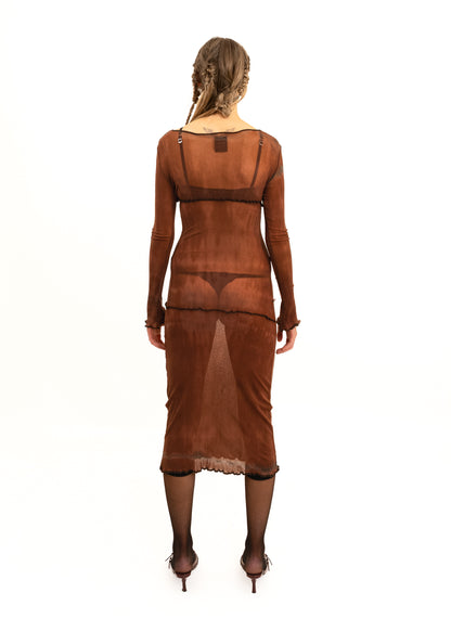 Tie dye asymmetric panelled mesh midi dress