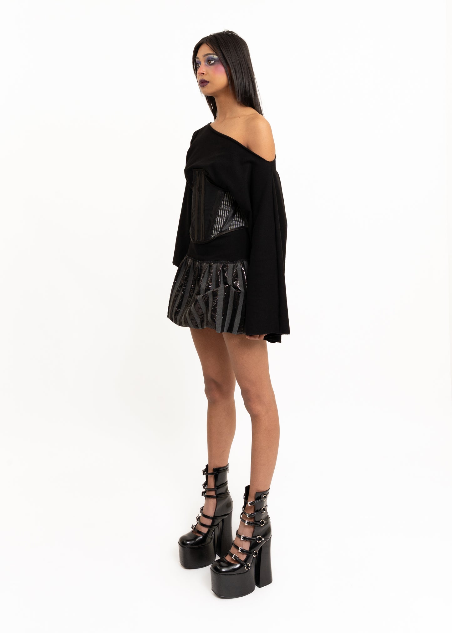 Pinstriped satin under bust corset