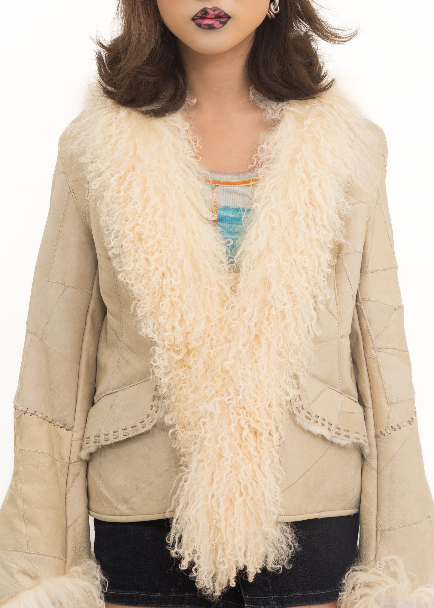 Dead stock patchwork leather jacket with Mongolian sheepskin trim