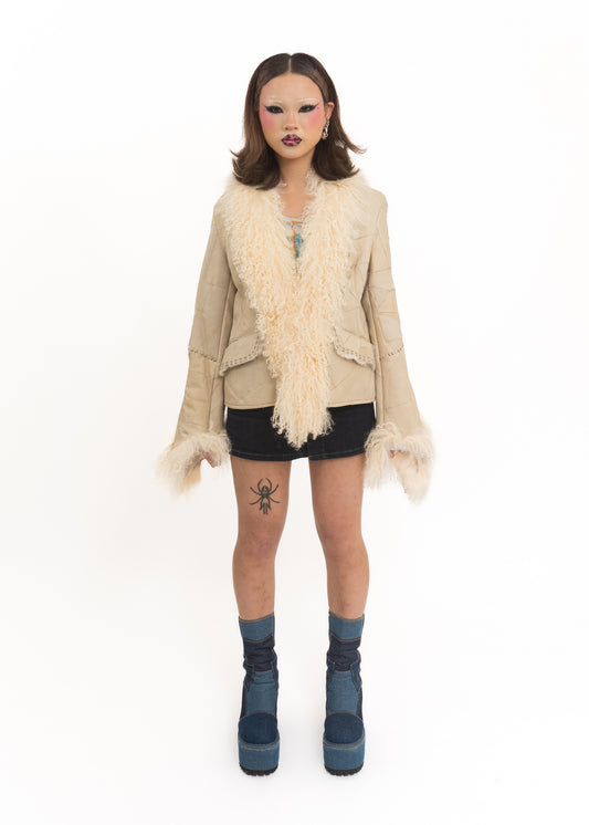 Dead stock patchwork leather jacket with Mongolian sheepskin trim