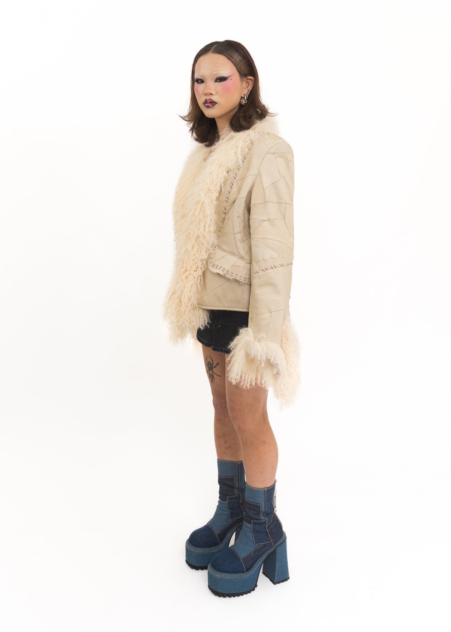 Dead stock patchwork leather jacket with Mongolian sheepskin trim