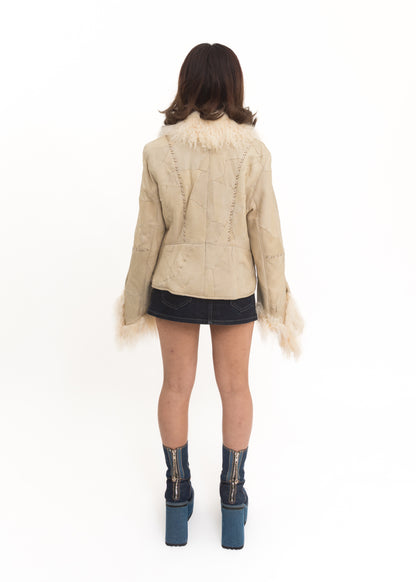 Dead stock patchwork leather jacket with Mongolian sheepskin trim