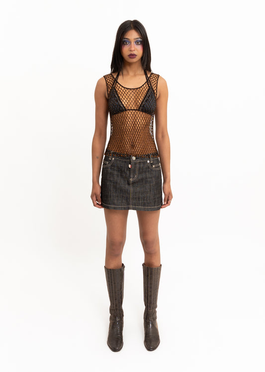 Orb embroidered denim mini skirt