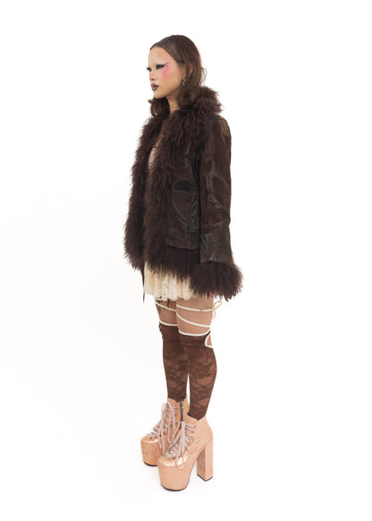 Patchwork leather/ suede jacket with Mongolian sheepskin trim