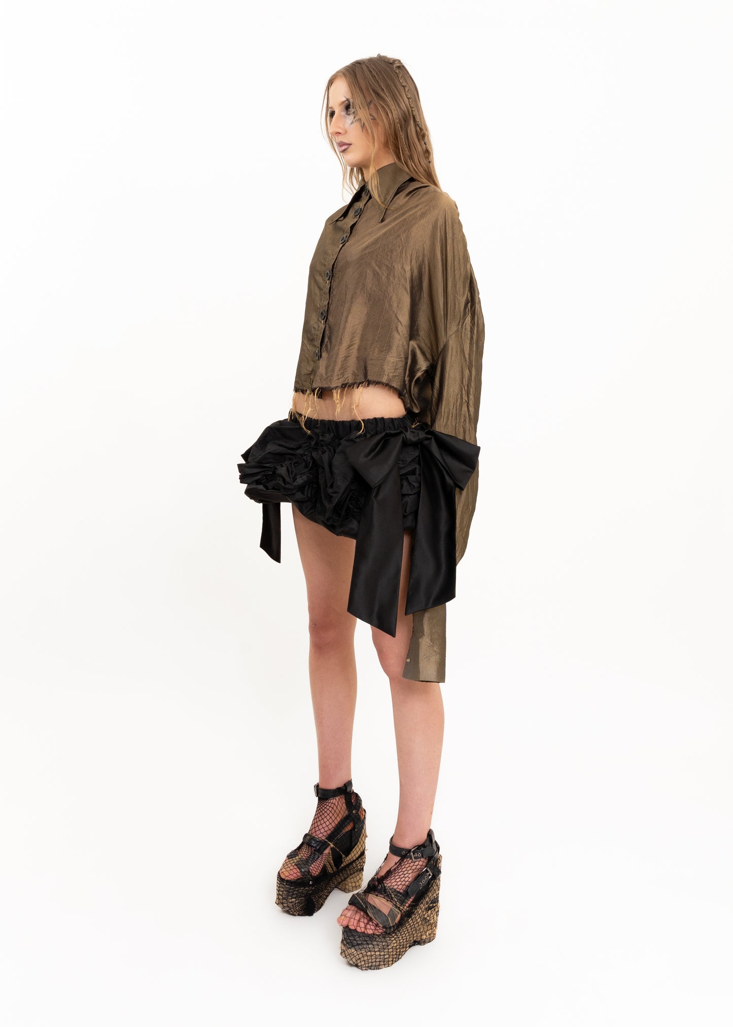 Satin ruched mini skirt with oversized bows