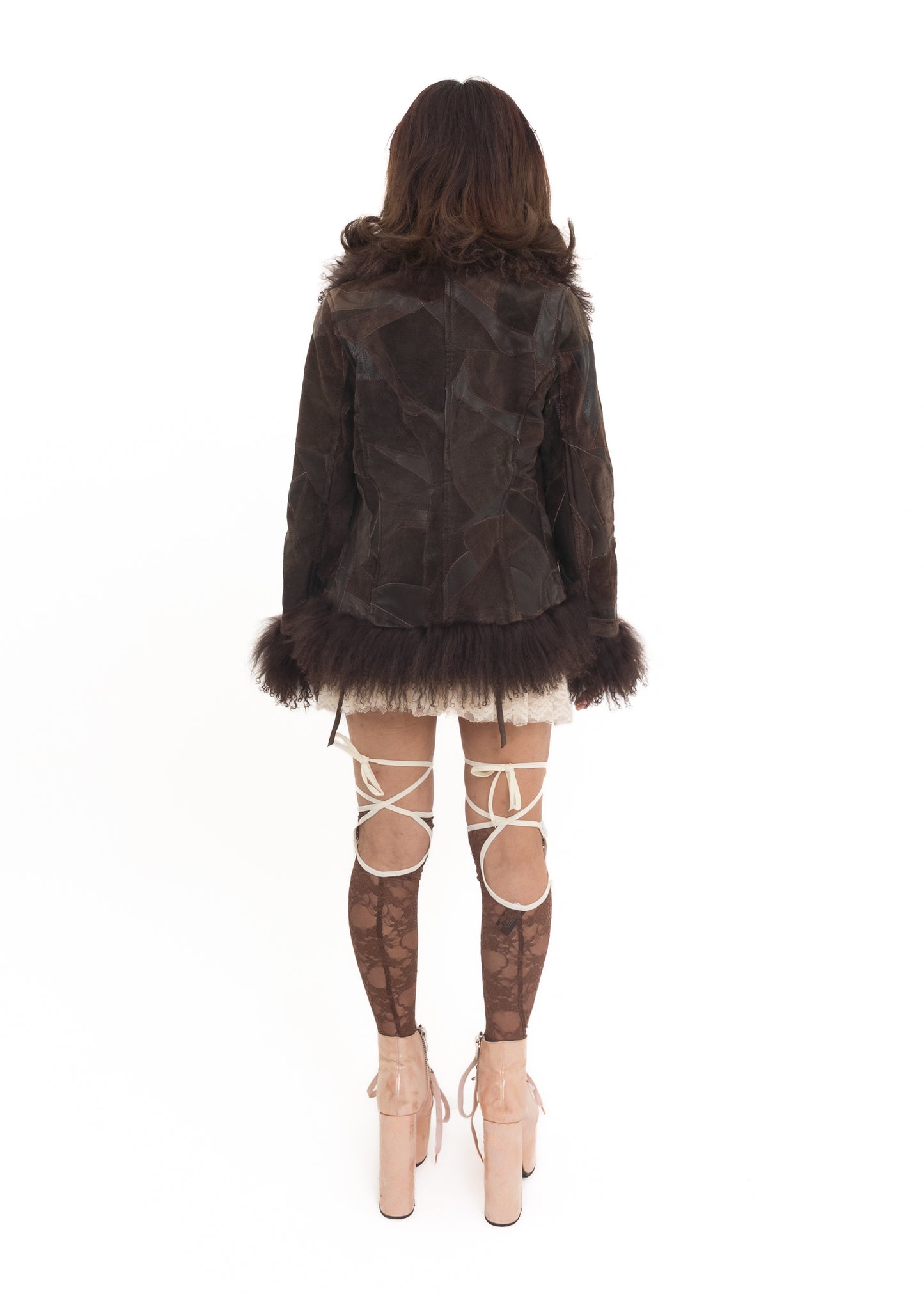 Patchwork leather/ suede jacket with Mongolian sheepskin trim