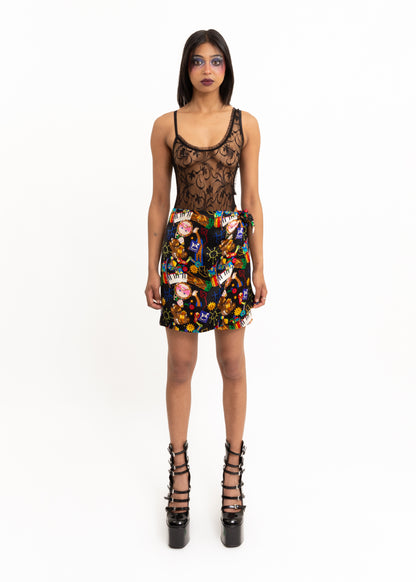 Surrealist patterned silk wrap skirt
