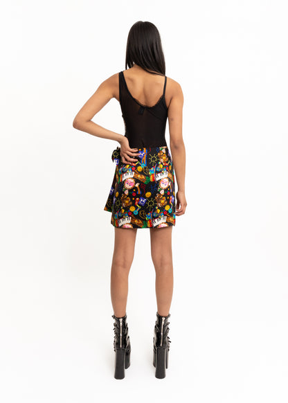 Surrealist patterned silk wrap skirt
