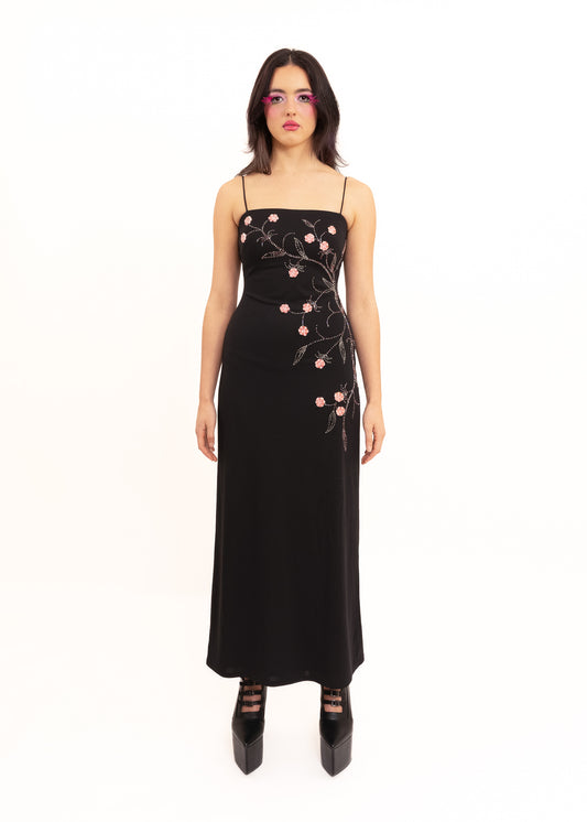 Evening dress with floral appliquè