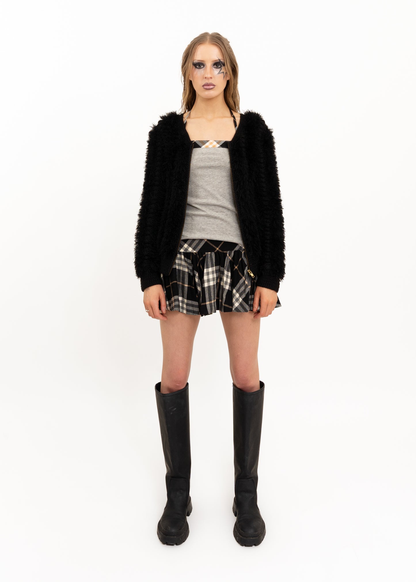 Fuzzy zip front knit cardigan