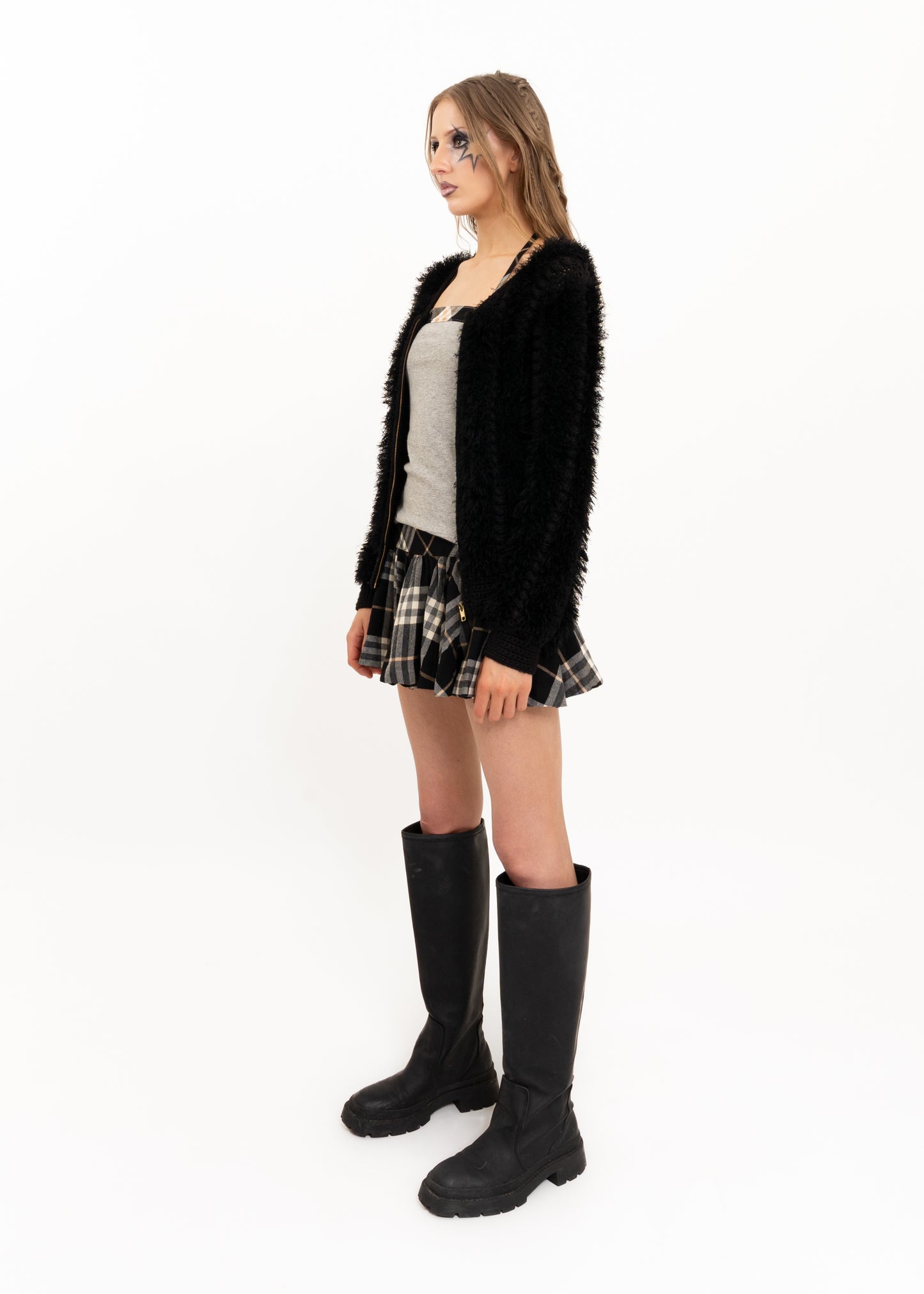 Fuzzy zip front knit cardigan