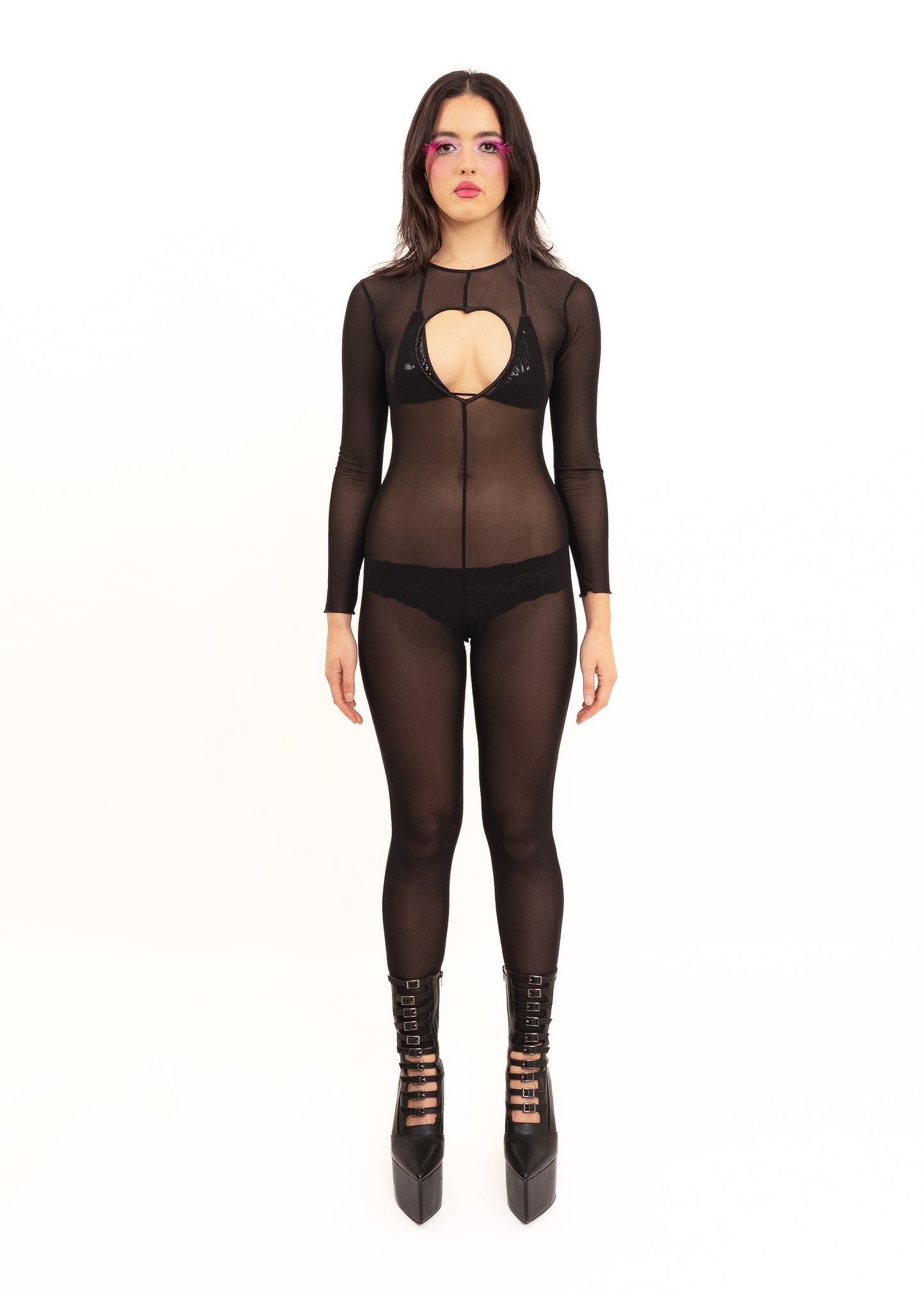 Mesh catsuit with heart cut out detail