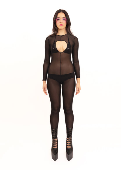 Mesh catsuit with heart cut out detail