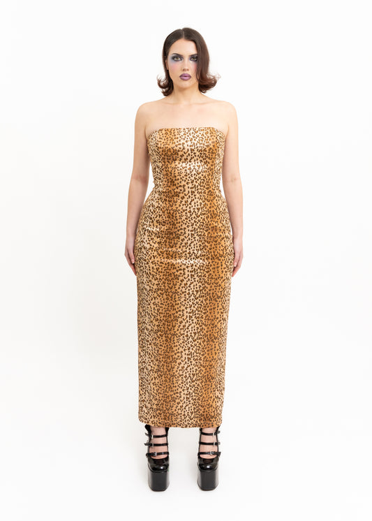Leopard print boned strapless dress