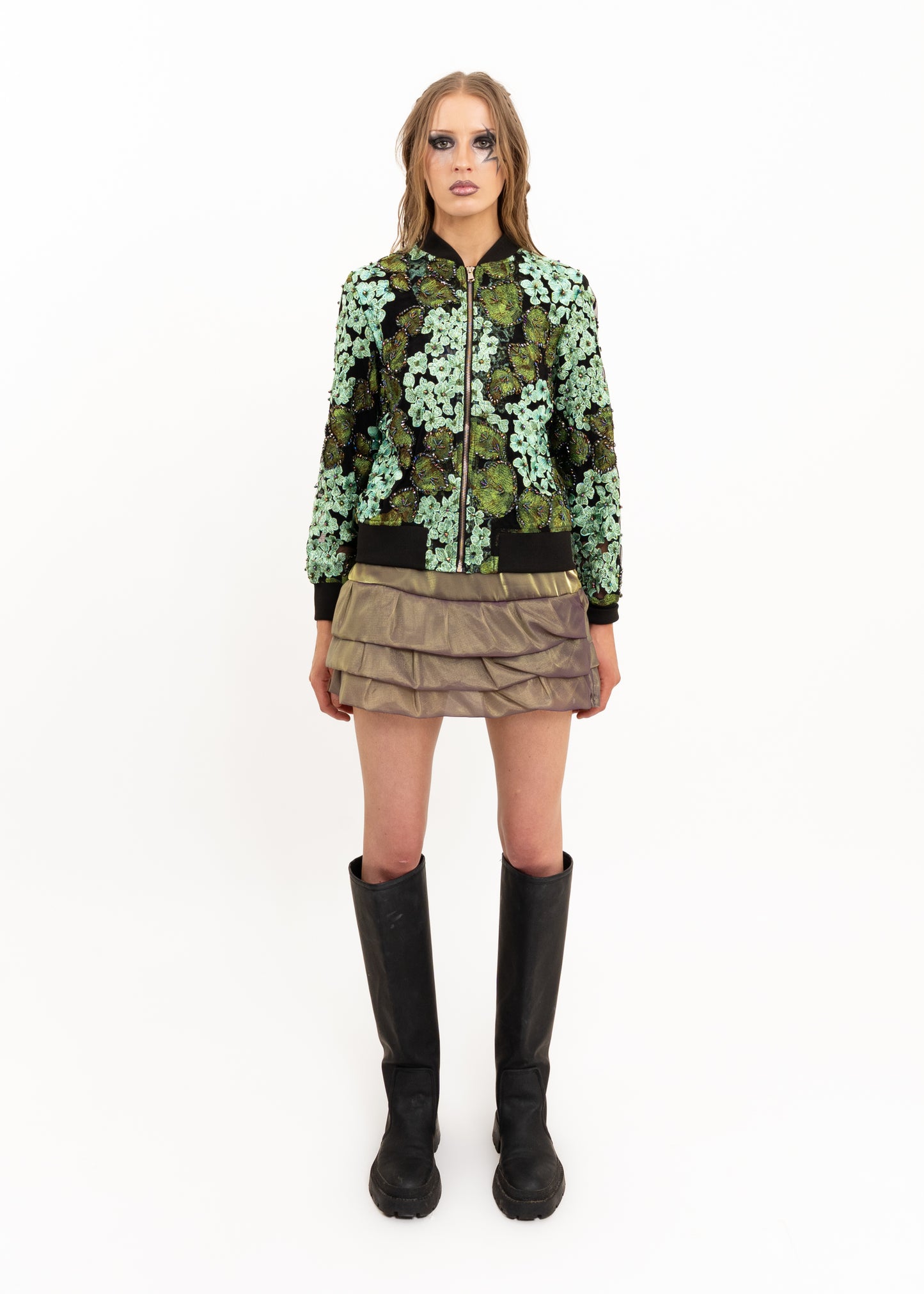 Beaded floral embroidered mesh bomber jacket