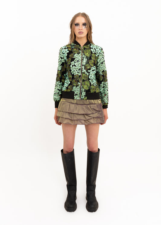 Beaded floral embroidered mesh bomber jacket