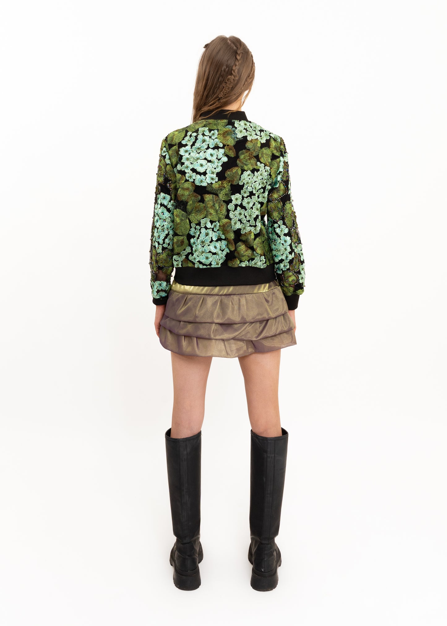 Beaded floral embroidered mesh bomber jacket