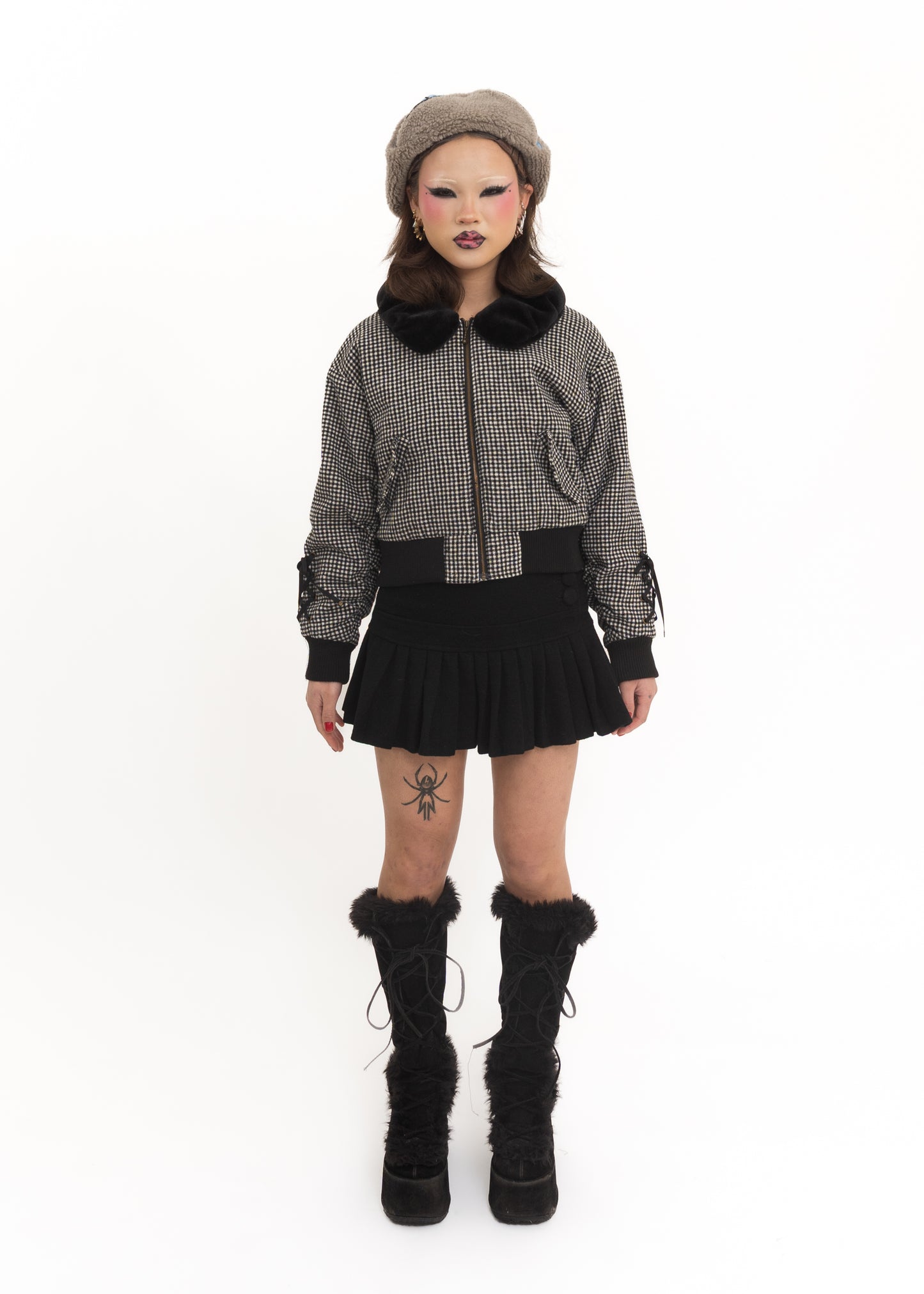 Gingham bomber jacket with lace up sleeves and faux fur collar