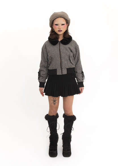 Gingham bomber jacket with lace up sleeves and faux fur collar