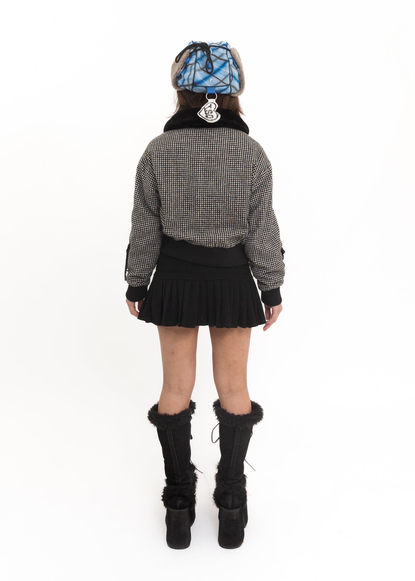 Gingham bomber jacket with lace up sleeves and faux fur collar