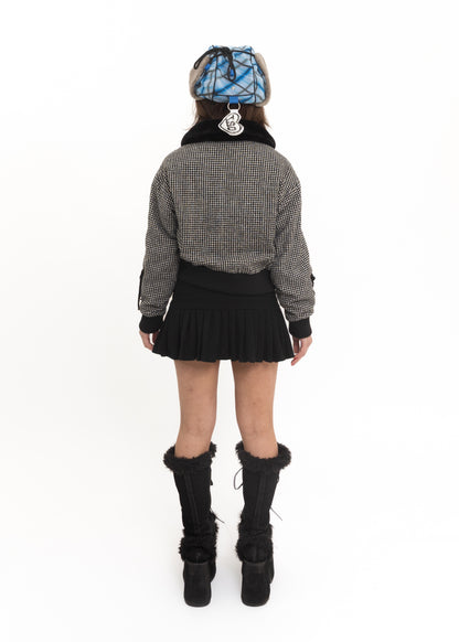 Gingham bomber jacket with lace up sleeves and faux fur collar