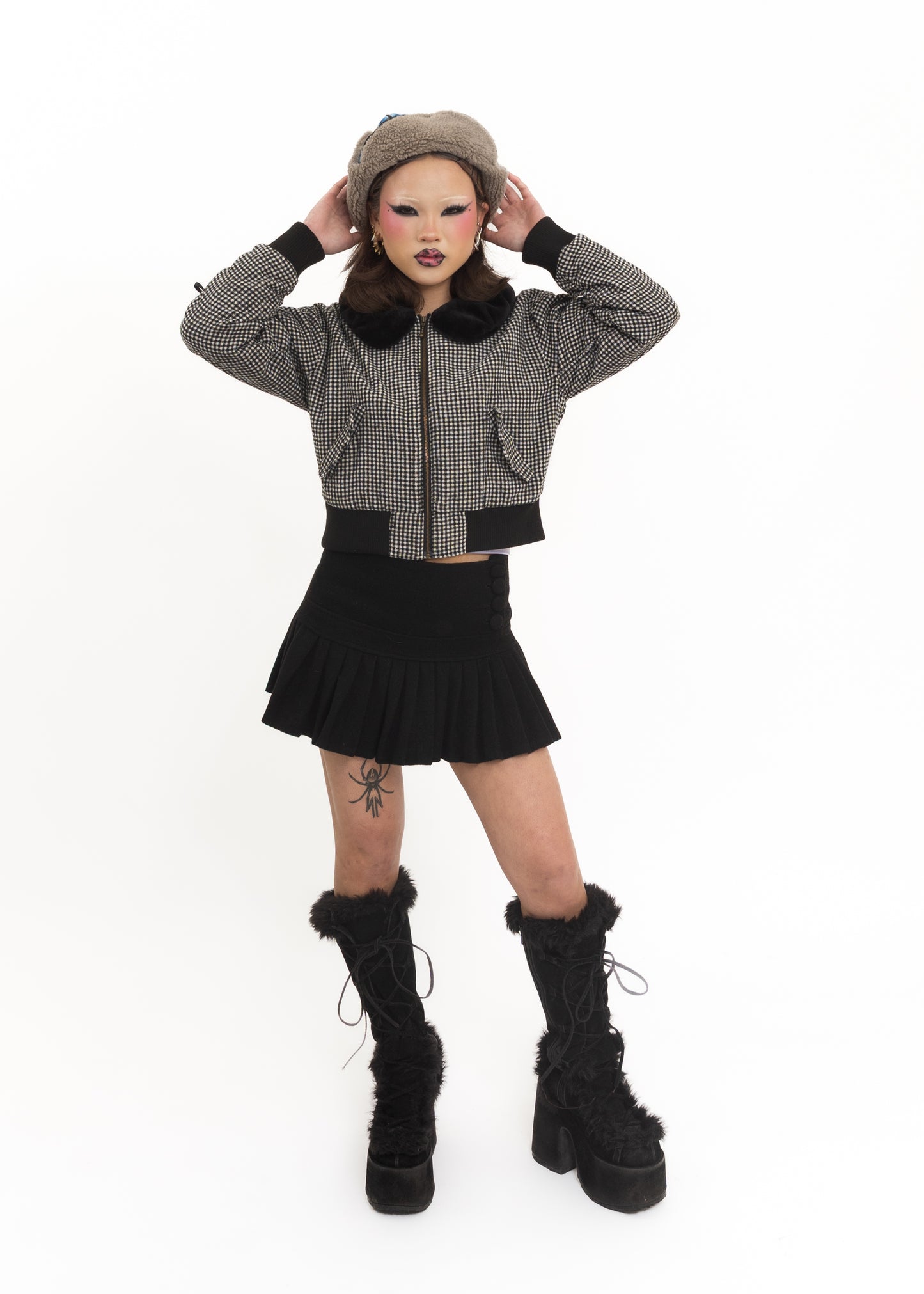 Gingham bomber jacket with lace up sleeves and faux fur collar