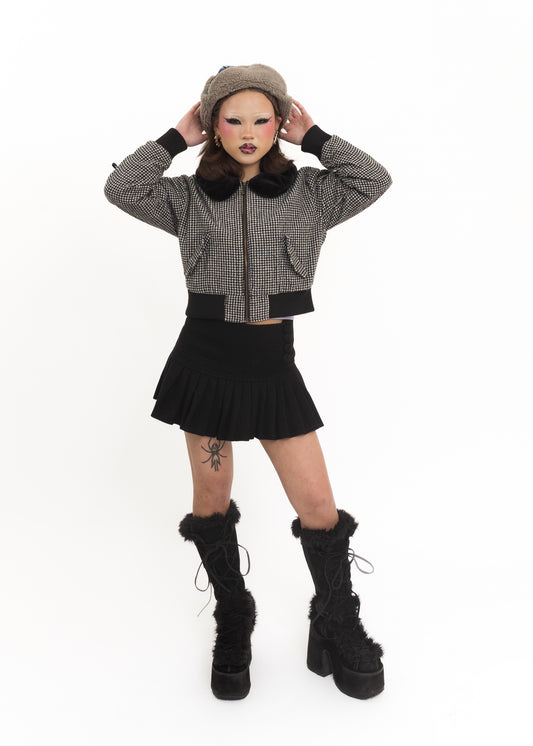 Gingham bomber jacket with lace up sleeves and faux fur collar