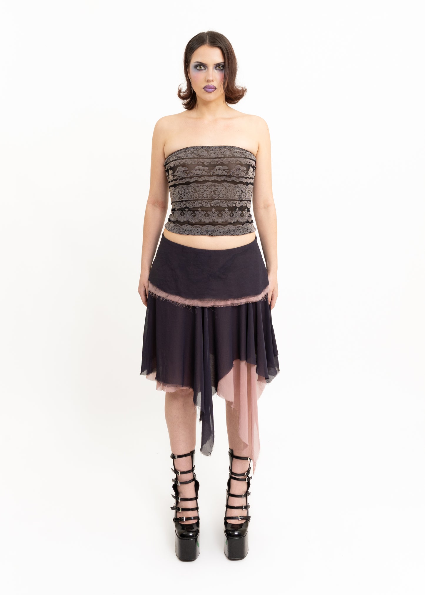 Tiered raw hemmed midi skirt