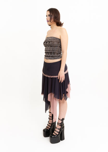 Tiered raw hemmed midi skirt