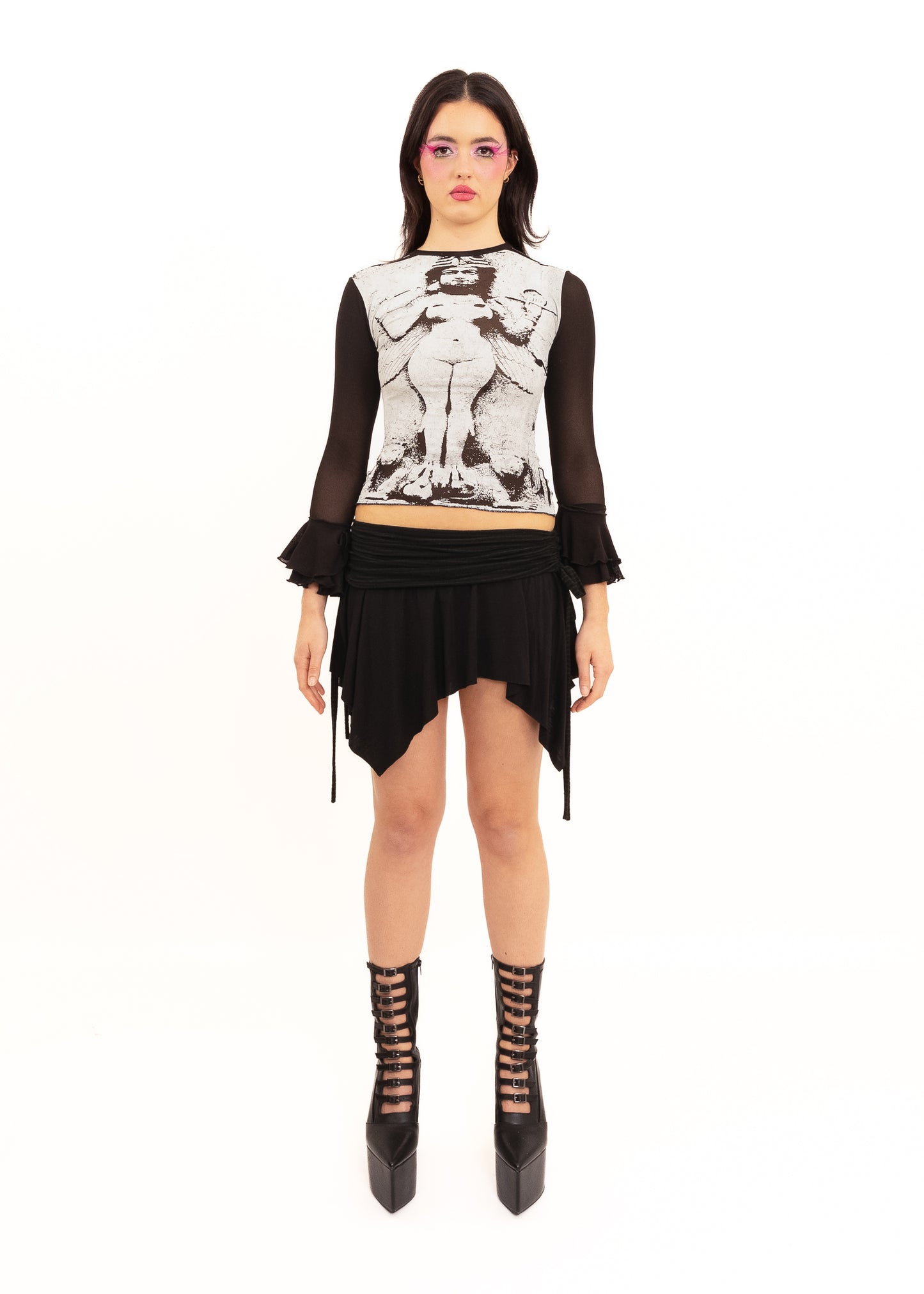 Lilith frill sleeve screen printed mesh top
