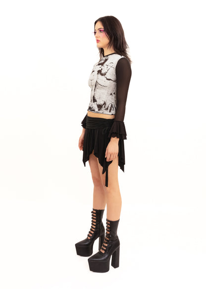 Lilith frill sleeve screen printed mesh top