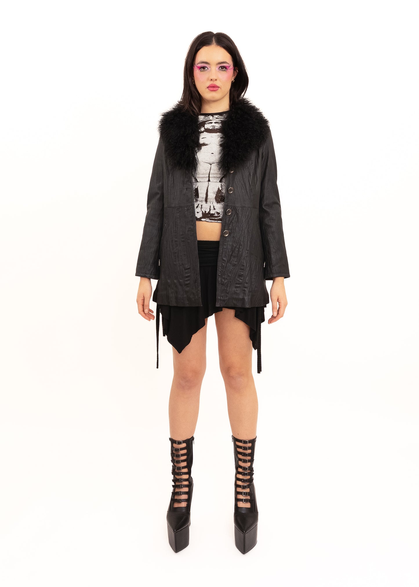 Japanese vintage leather coat with Mongolian sheepskin collar