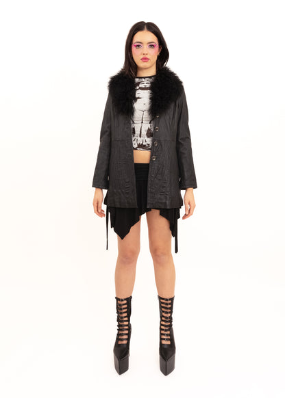 Japanese vintage leather coat with Mongolian sheepskin collar