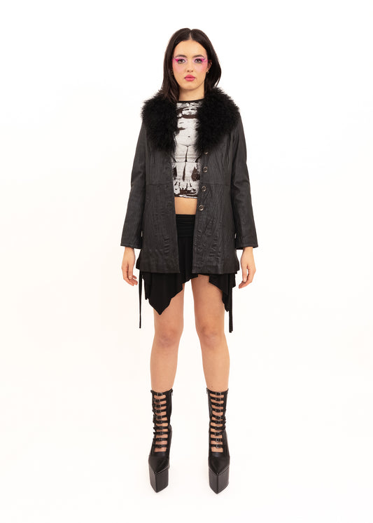 Japanese vintage leather coat with Mongolian sheepskin collar