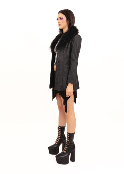 Japanese vintage leather coat with Mongolian sheepskin collar