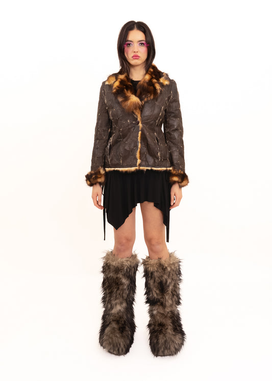 Patchwork leather jacket with fur lining