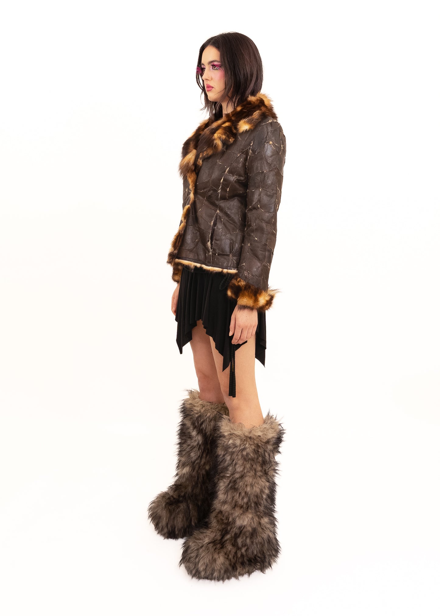 Patchwork leather jacket with fur lining