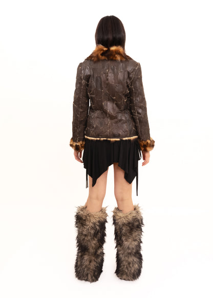 Patchwork leather jacket with fur lining
