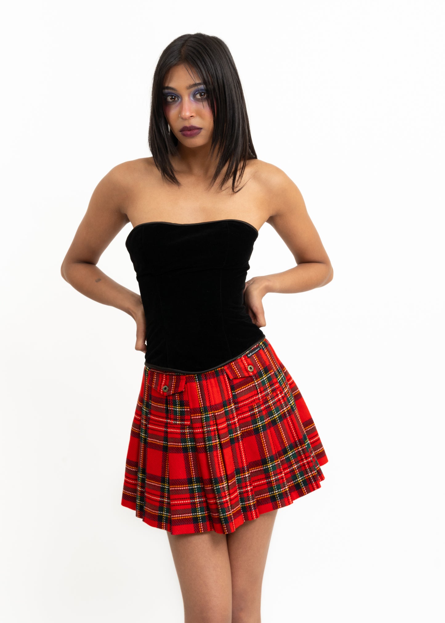 Pleated tartan wool mini skirt