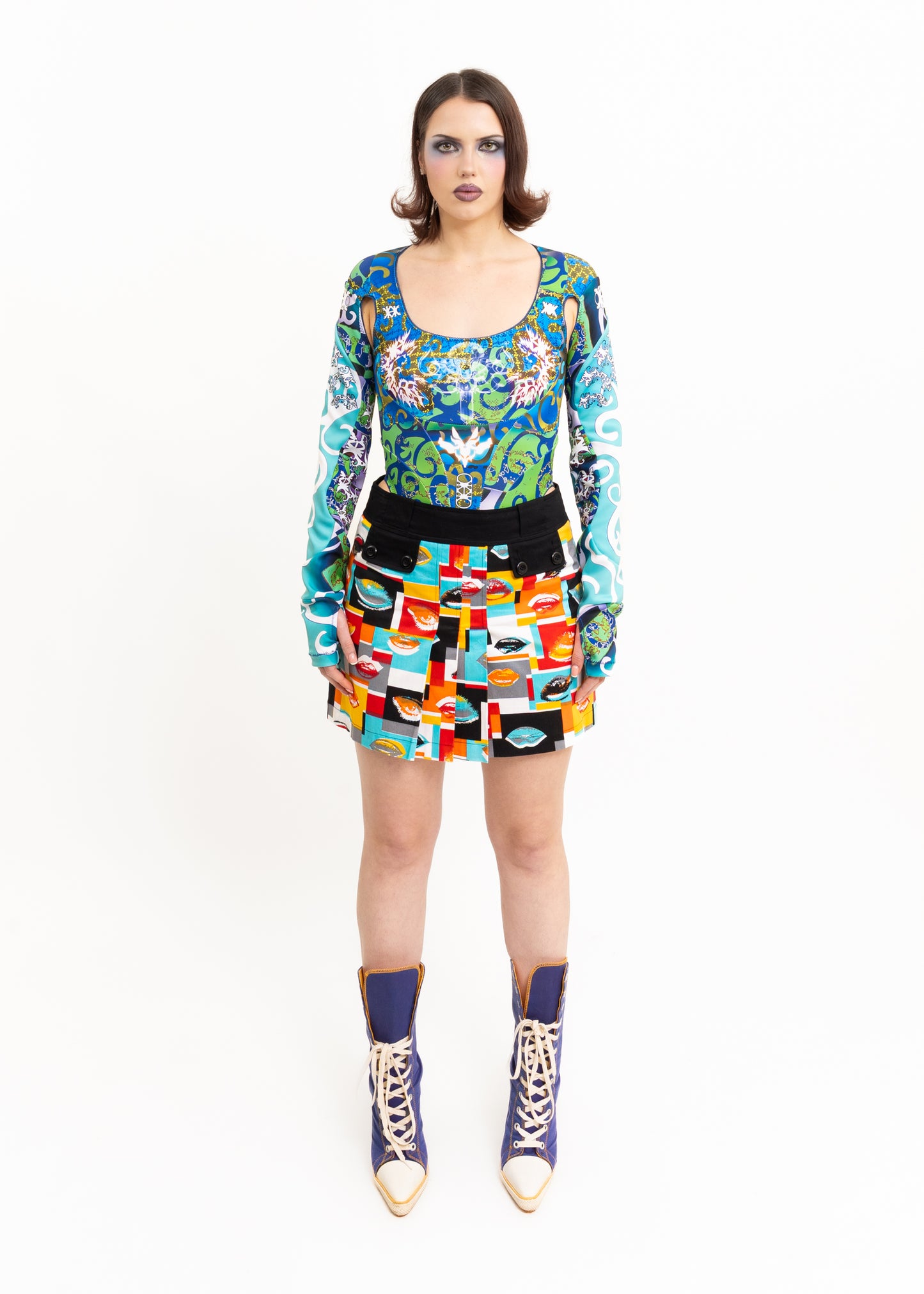 Graphic print cut out bodysuit- blue/ green