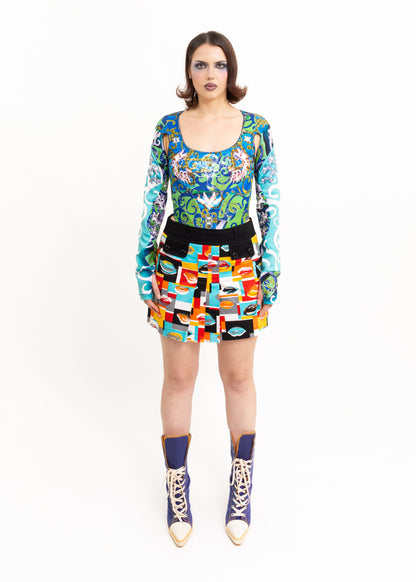 Graphic print cut out bodysuit- blue/ green