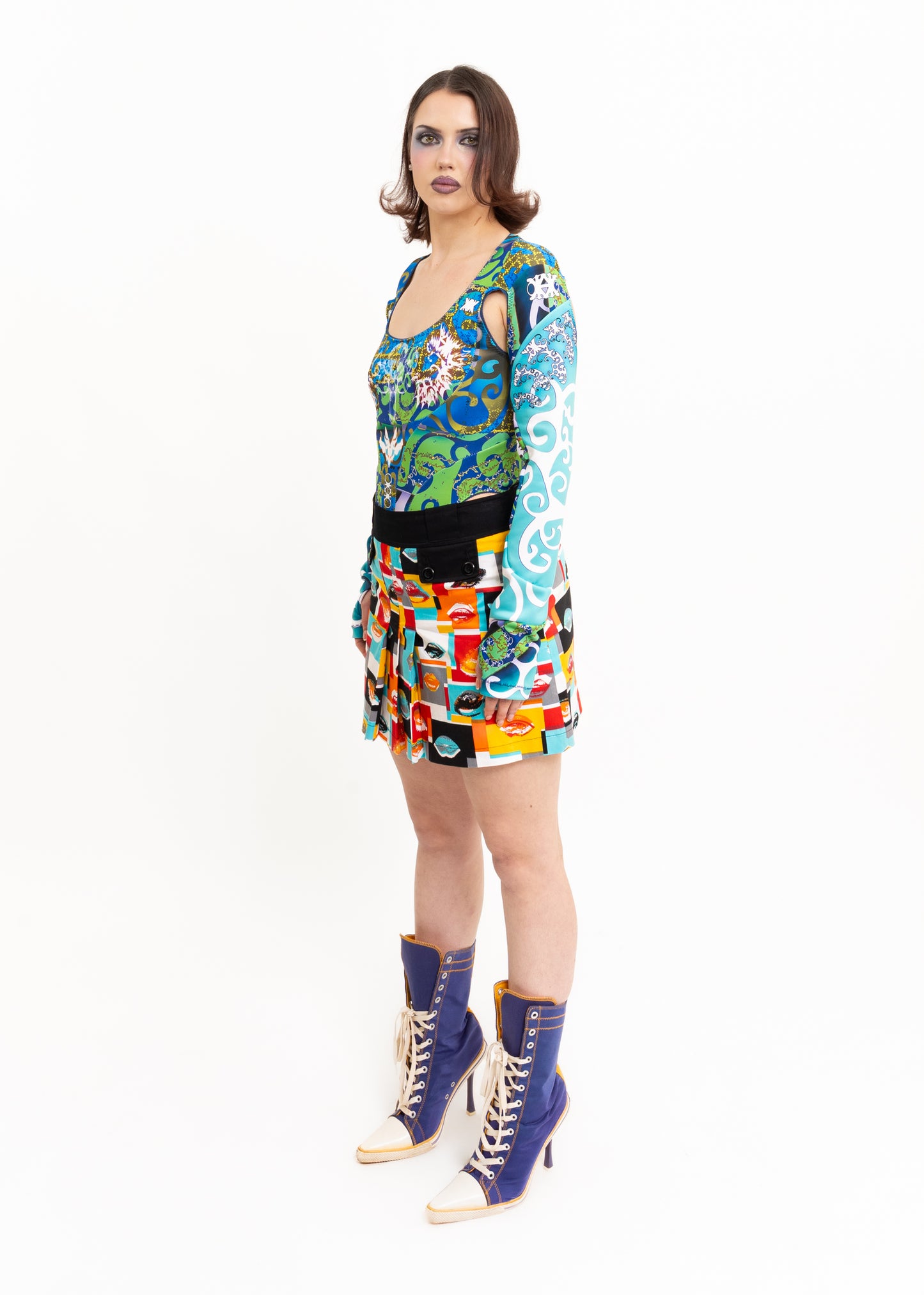 Graphic print cut out bodysuit- blue/ green