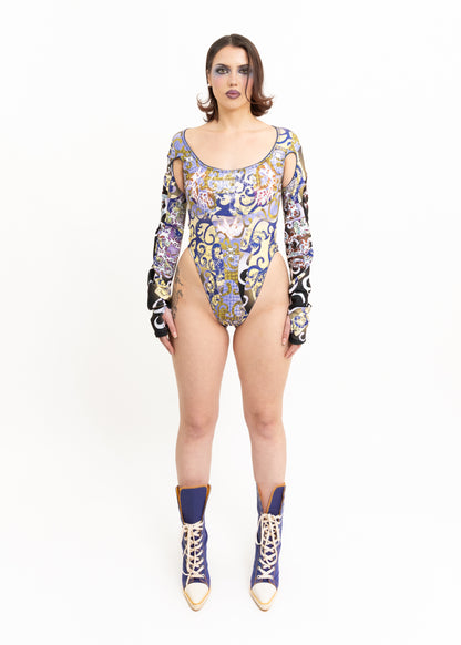Graphic print cut out bodysuit- blue/ green