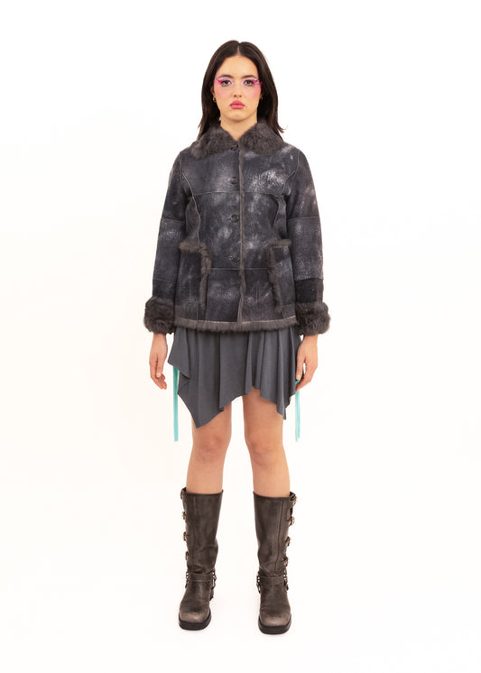 Variegated suede coat with rabbit fur lining and trims