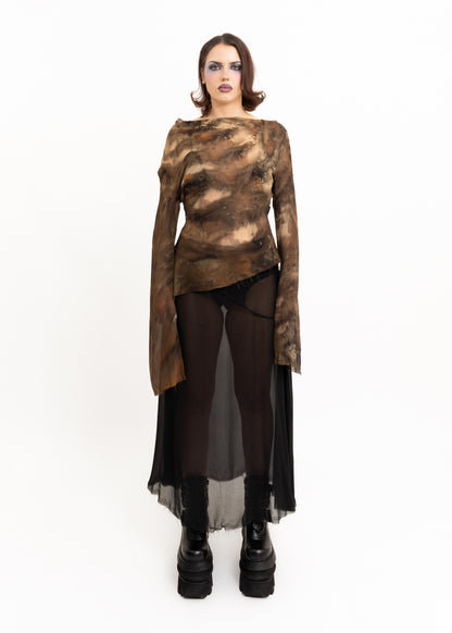 Silk asymmetric drape top- dark brown