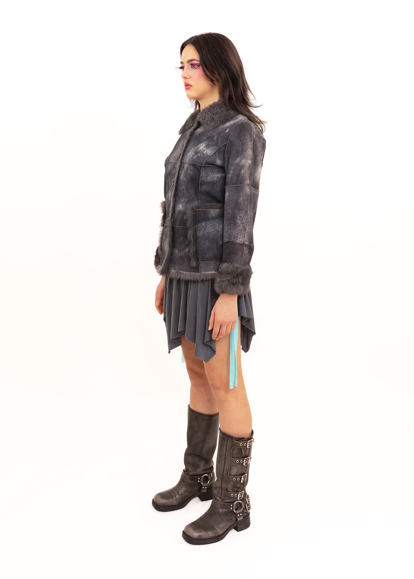 Variegated suede coat with rabbit fur lining and trims