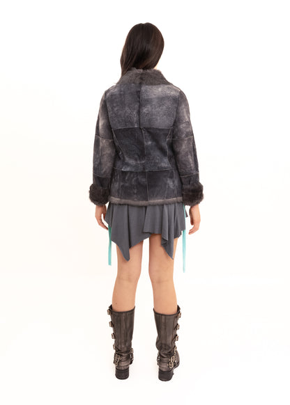Variegated suede coat with rabbit fur lining and trims