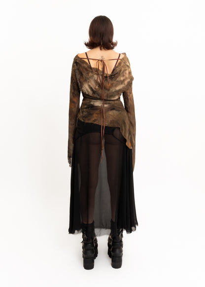 Silk asymmetric drape top- dark brown